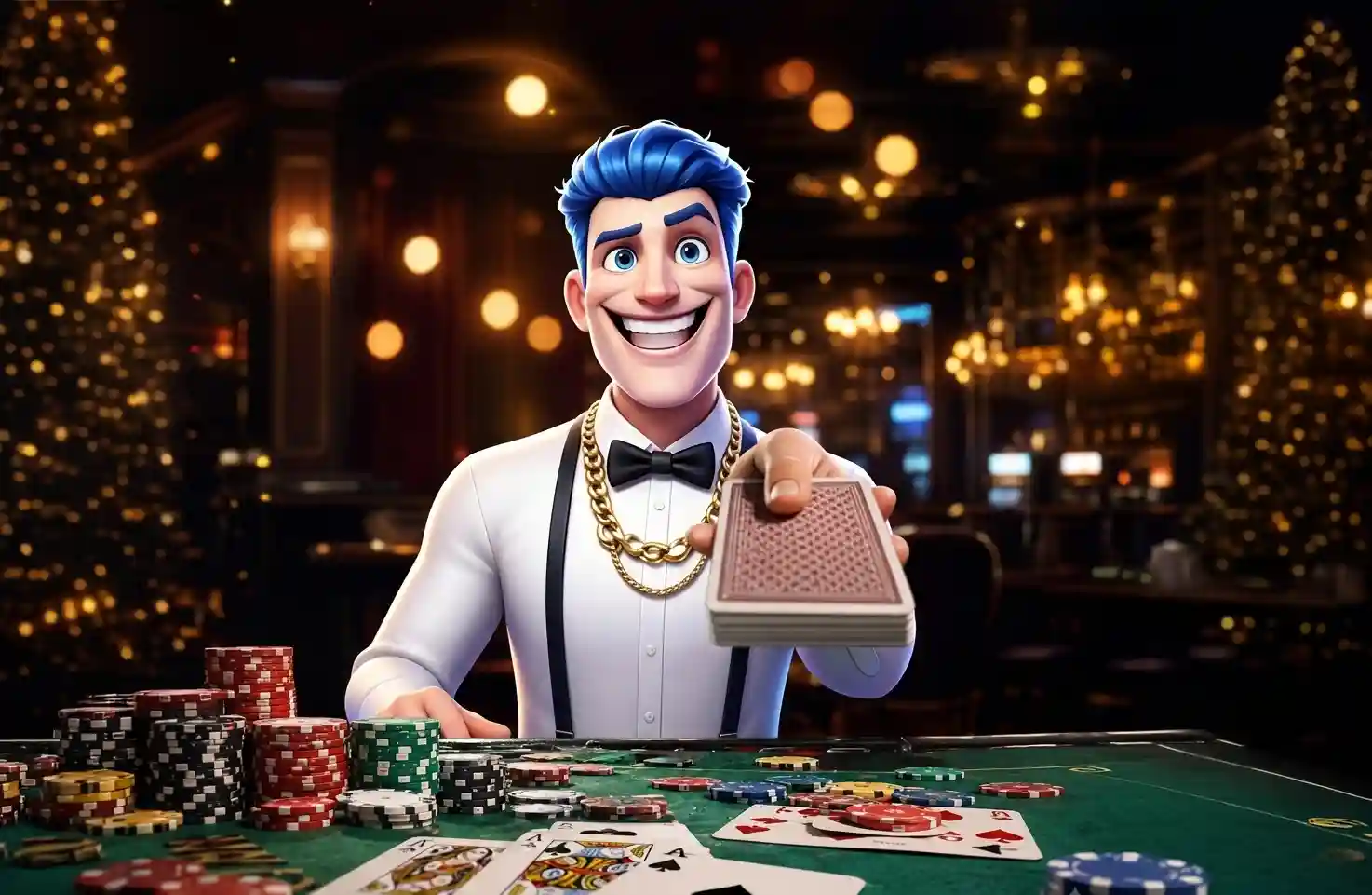 JokaRoom mascot in a white shirt and gold chain holding out a deck of playing cards at a green casino table with stacked poker chips, in a dimly lit lounge decorated with string lights and Christmas trees