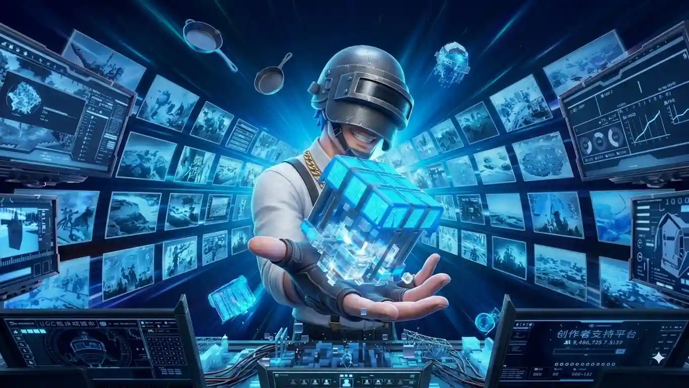JokaRoom mascot wearing a military-style helmet, holding a glowing holographic cube surrounded by a wall of surveillance-style screens, floating pans, and futuristic data displays in a blue-toned scene