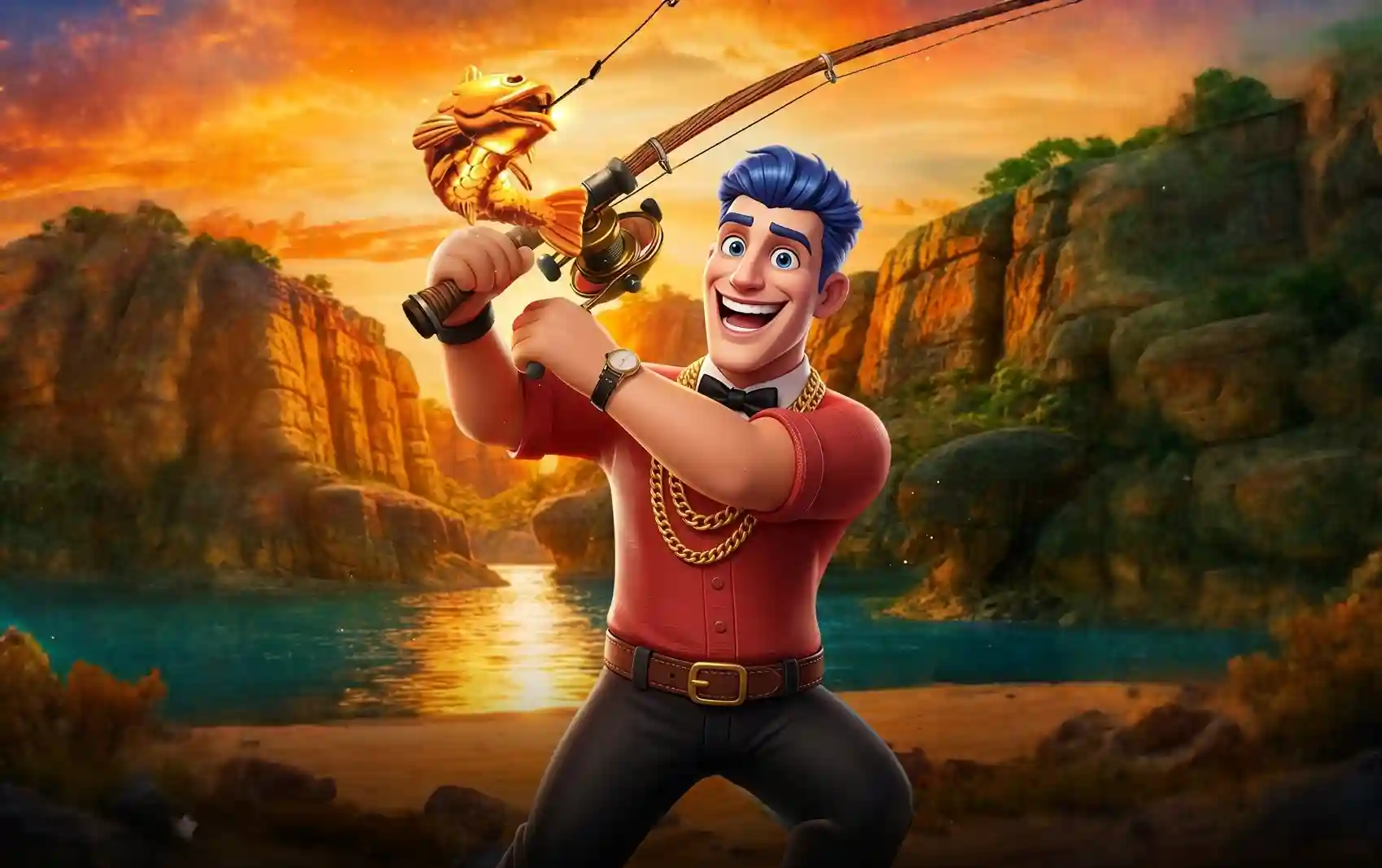 JokaRoom mascot in a red shirt and gold chain triumphantly holding up a fishing rod with a golden fish caught on the line, standing by a river between canyon cliffs at sunset