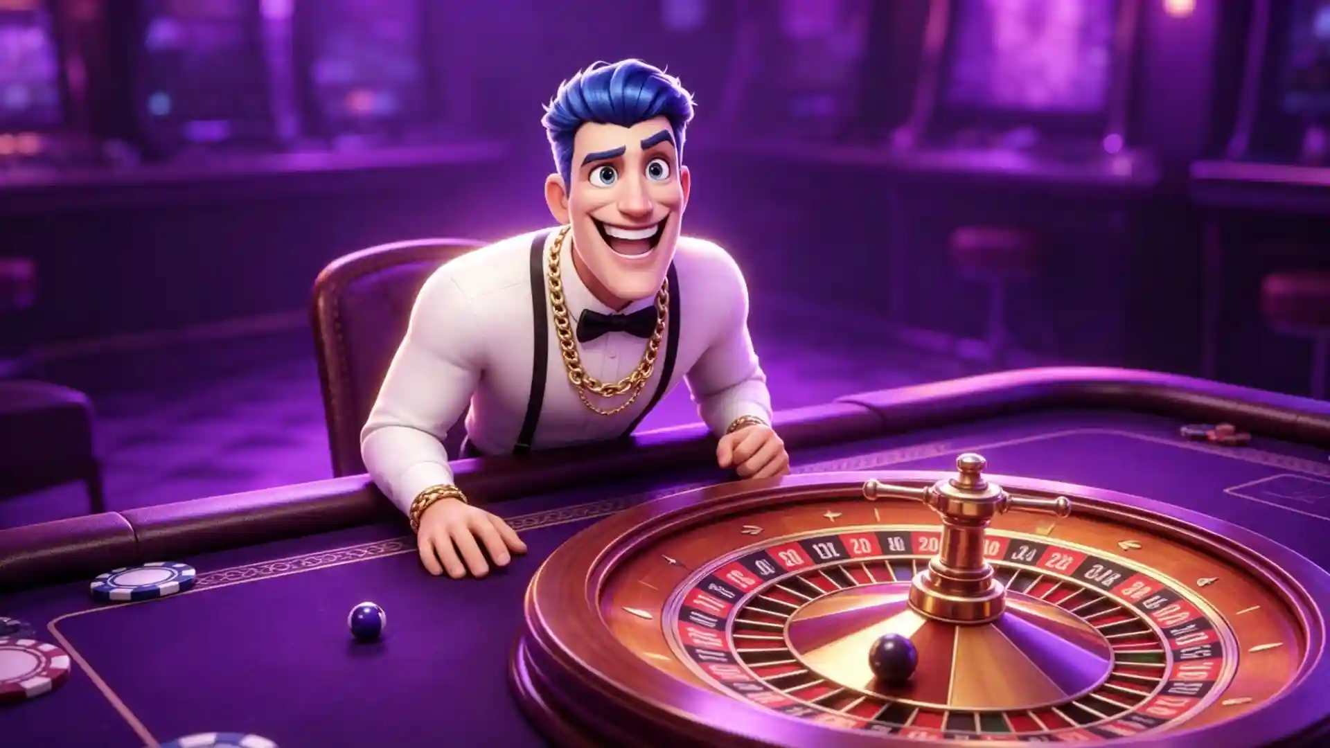 3D animated blue-haired man in a white shirt, gold chain, and suspenders leaning over a roulette table with a spinning wheel, betting chips, and a purple-lit casino in the background