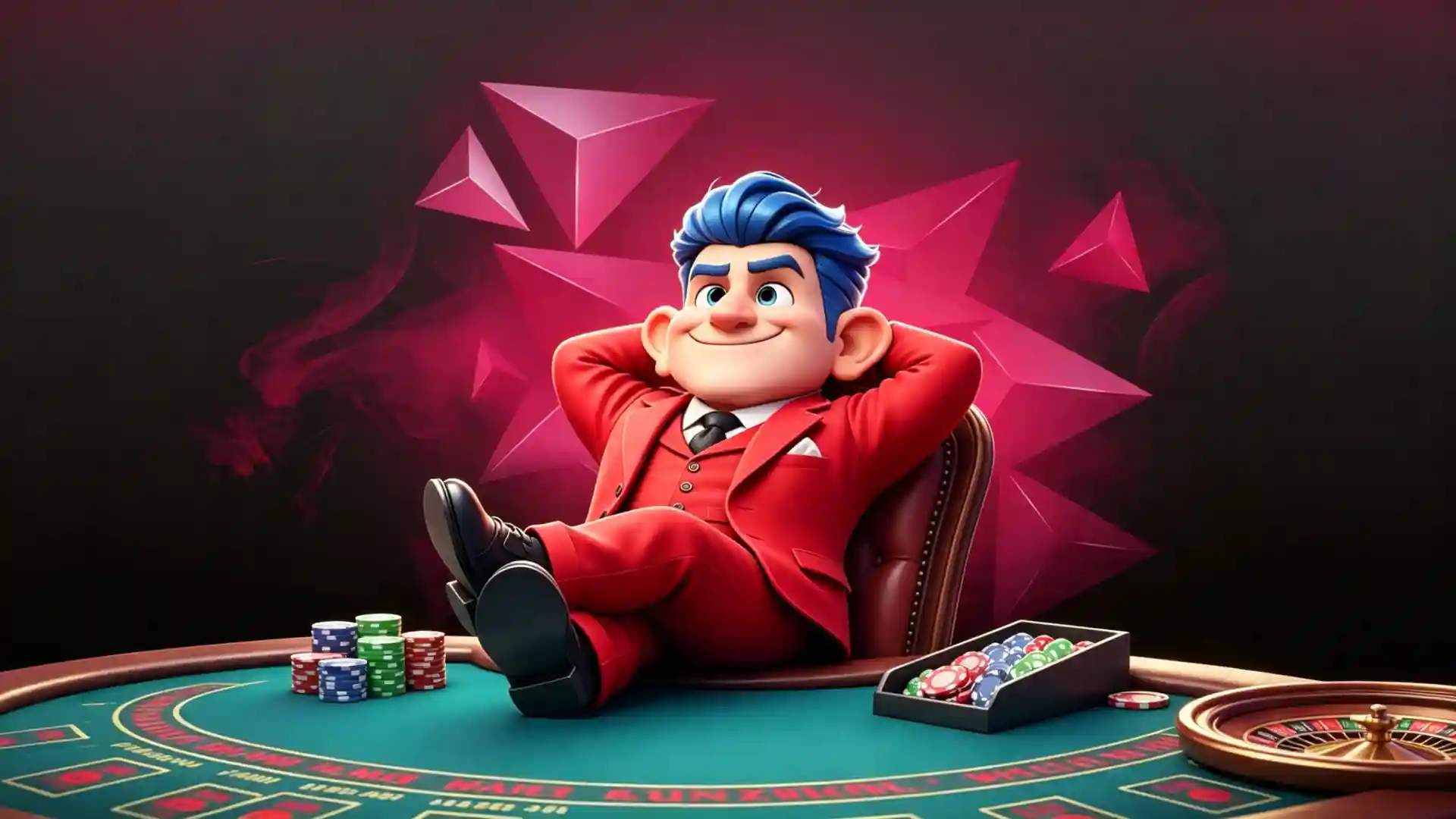 JokaRoom mascot in a red suit relaxing with feet up on a green casino table, hands behind his head, surrounded by poker chip stacks, a chip tray, and a roulette wheel, against a dark background with pink geometric shapes