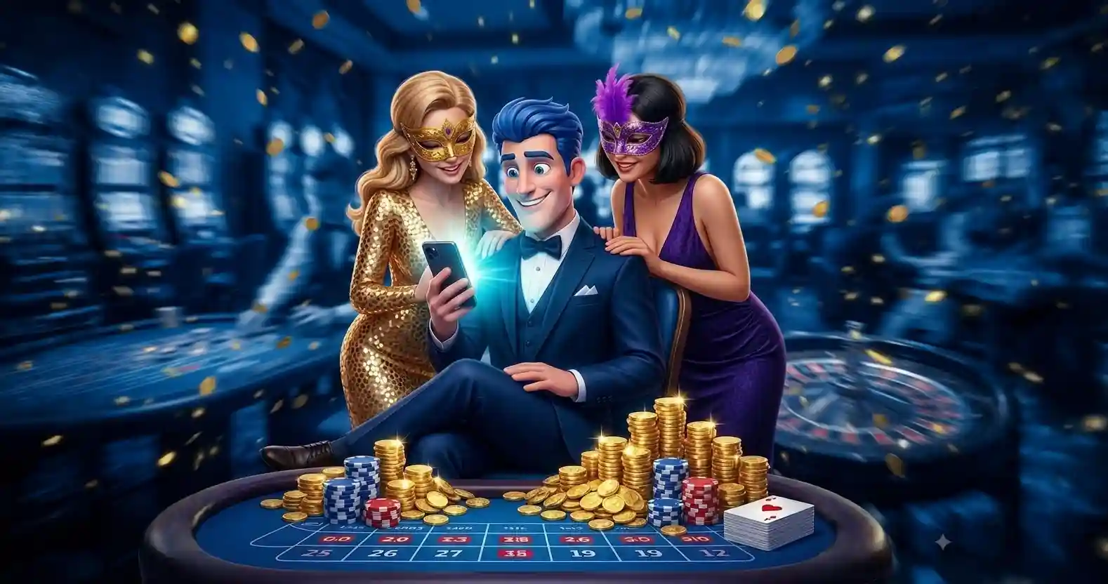 "JokaRoom mascot in a navy suit seated between two masquerade-masked women in gold and purple dresses, looking at a glowing smartphone, with stacked gold coins, poker chips, and a roulette wheel on a blue casino table