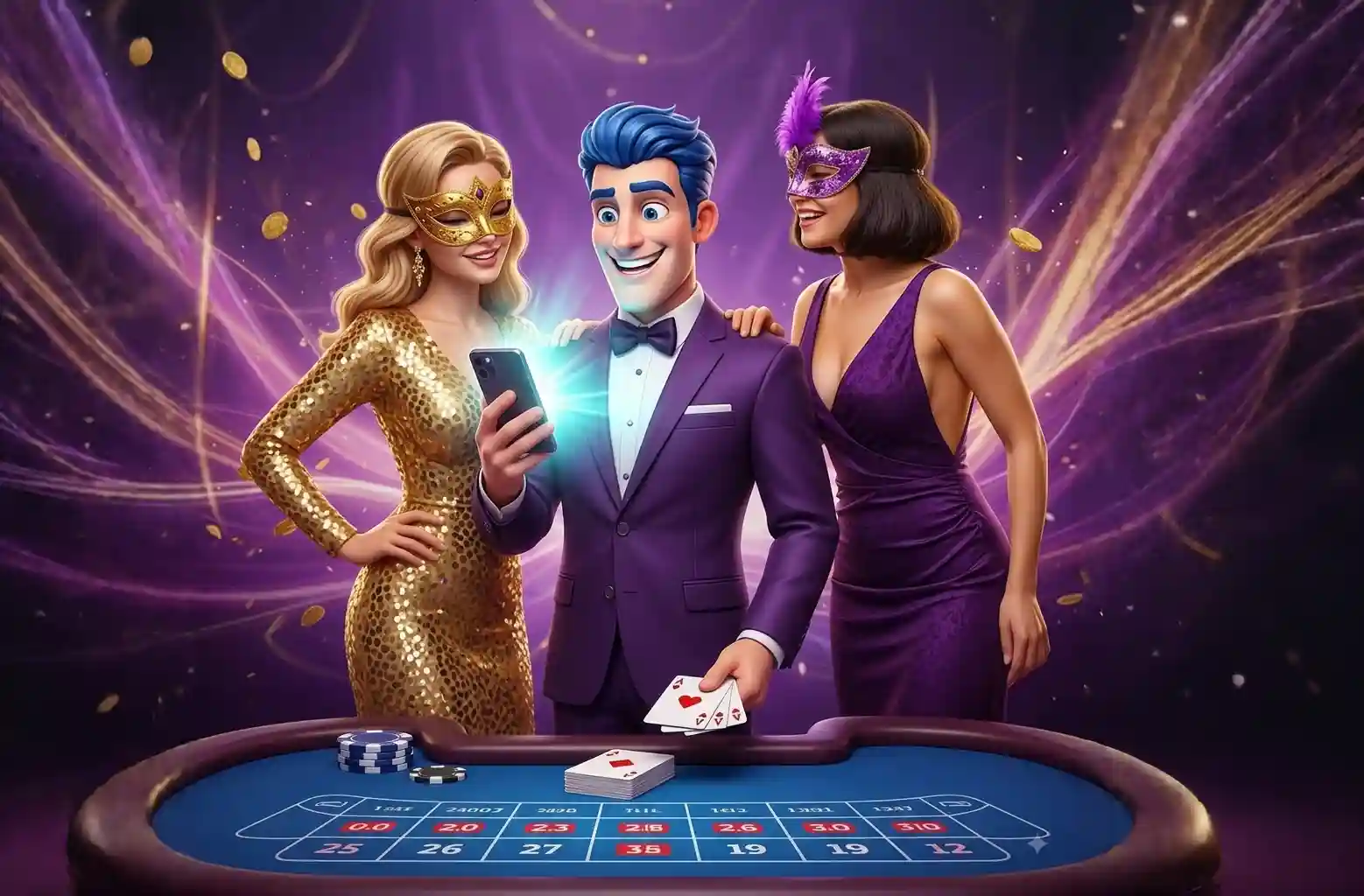 JokaRoom mascot in a purple suit holding a glowing smartphone flanked by two masquerade-masked women in gold and purple gowns, standing at a blue casino table with playing cards and poker chips against a purple swirled background