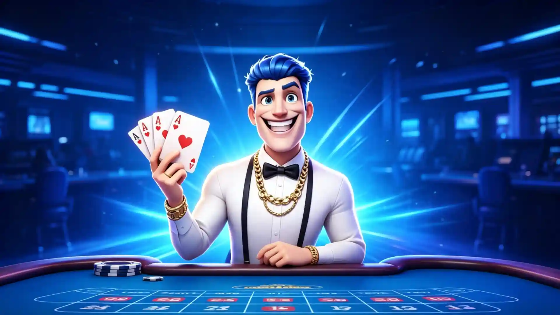 JokaRoom mascot in a white suit with gold chains, grinning and holding up four ace playing cards at a blue-felt casino table, with poker chips and a roulette-style betting layout, in a blurred casino interior