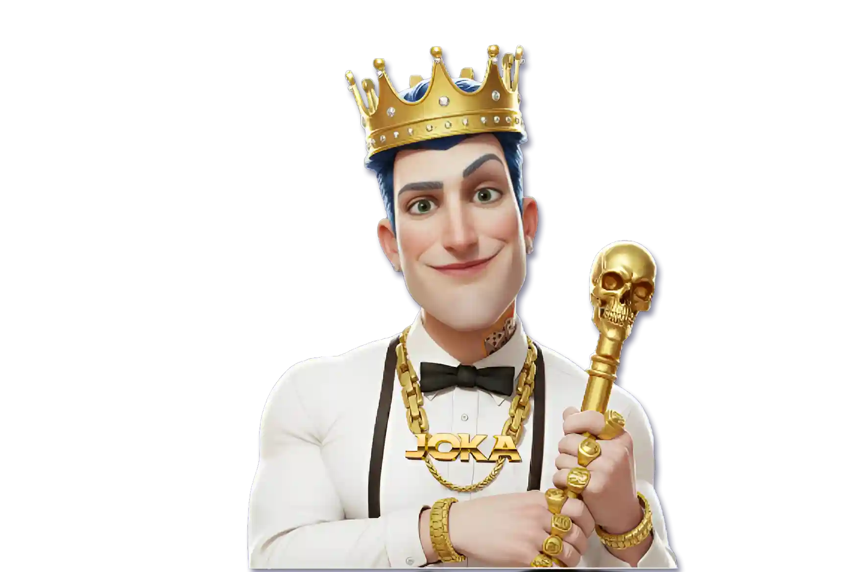 JokaRoom mascot in a white suit wearing a gold crown and 'JOKA' chain, holding a skull-topped scepter, on a transparent background