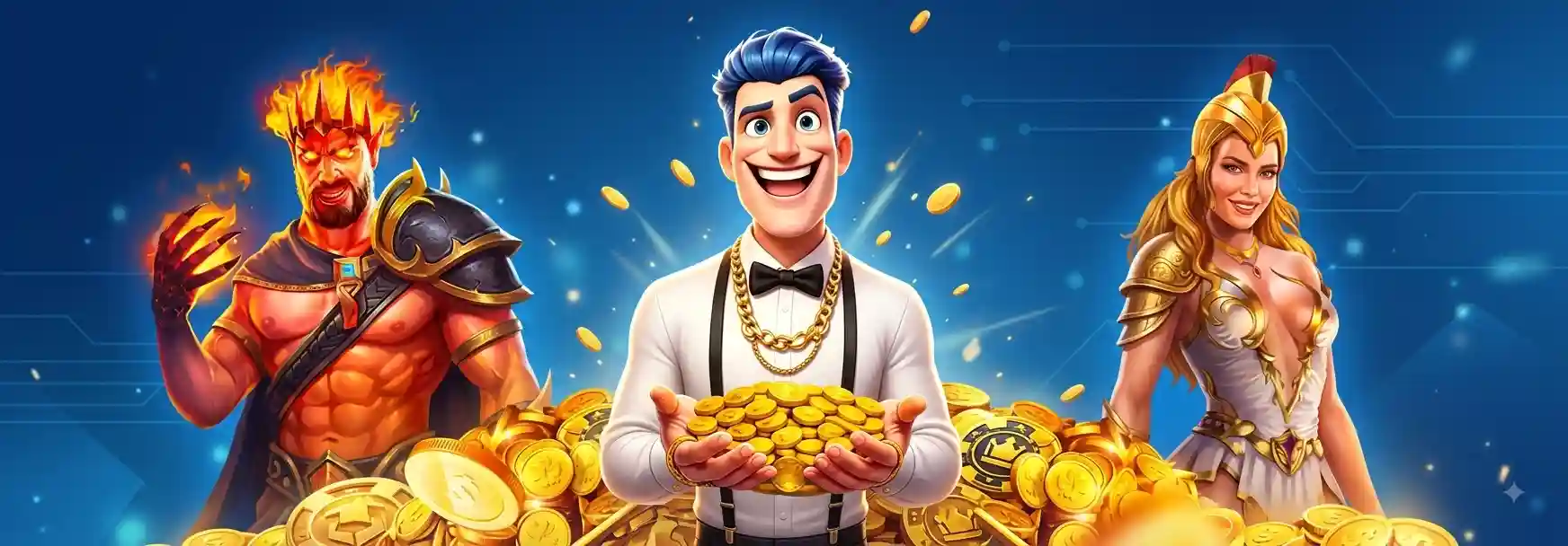 JokaRoom mascot holding a pile of gold coins between a fiery demon warrior and an armored goddess, all standing behind heaps of gold coins on a blue tech-patterned background