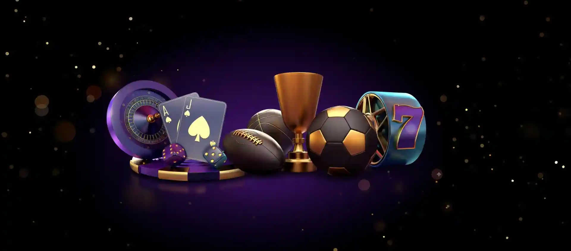 3D roulette wheel, playing cards, dice, a rugby ball, soccer ball, gold trophy, and a slot machine reel showing '7' arranged together on a dark purple starry background