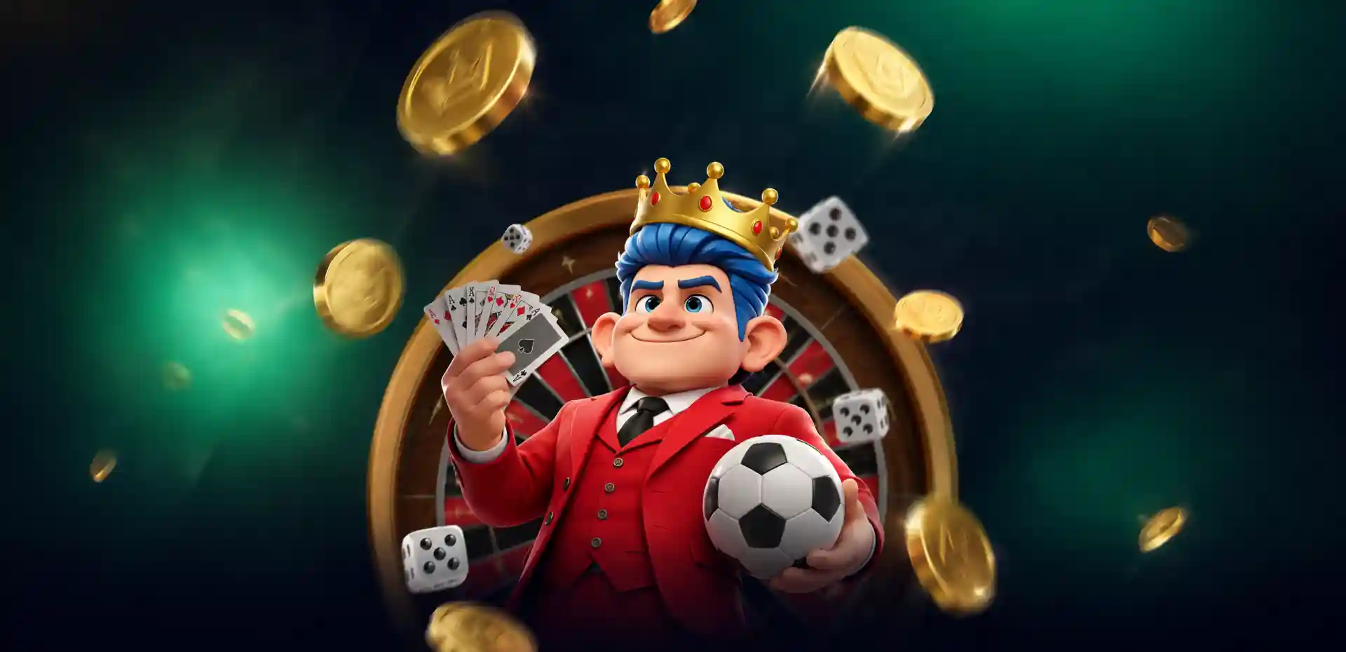 "JokaRoom mascot in a red suit with a gold crown, holding a poker hand of cards and a soccer ball in front of a roulette wheel, surrounded by floating dice and crowned gold coins on a dark green background
