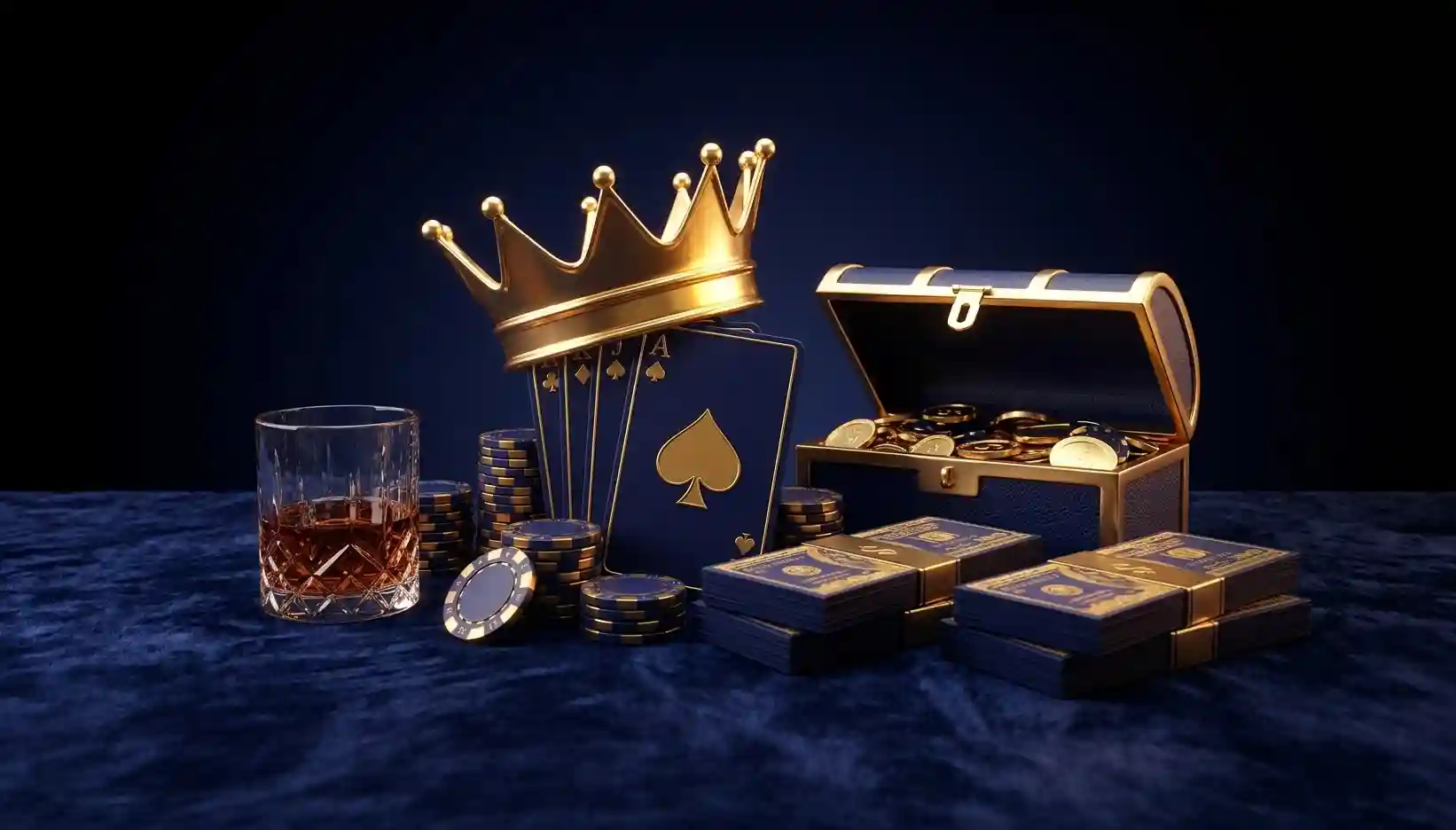 A gold crown, whiskey glass, poker chip stacks, an ace of spades playing card, a treasure chest of gold coins, and bundled cash on a navy velvet surface